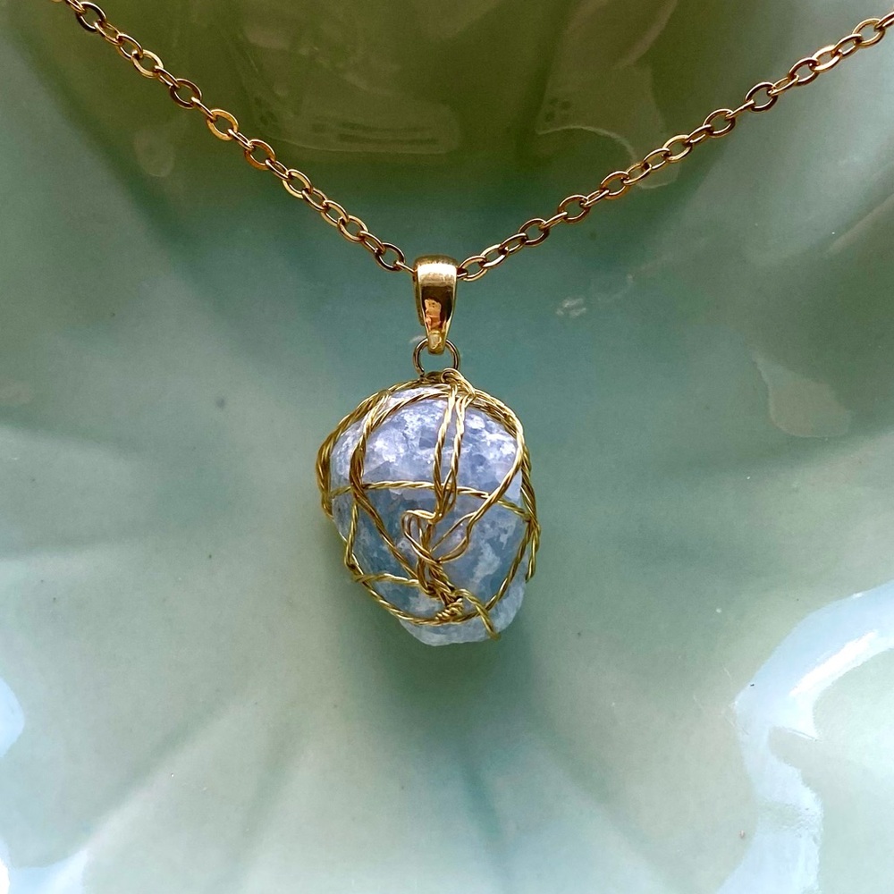 Blue celestite Gold Wire Wrapped Pendant P16